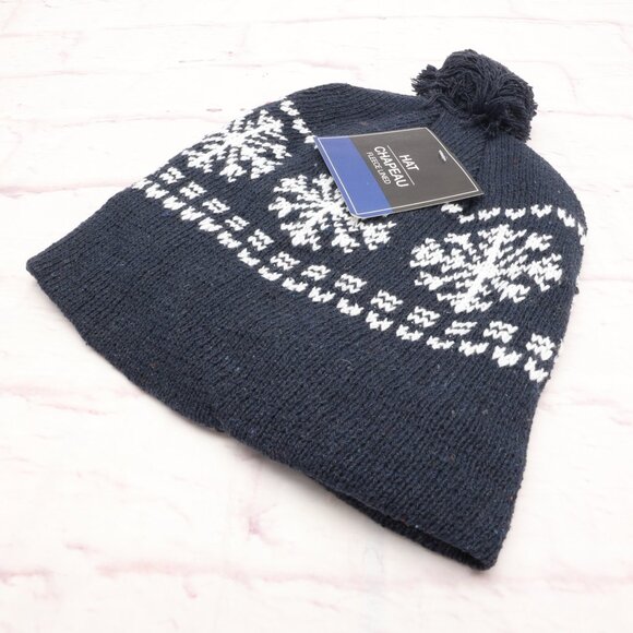 Chapeau Snowflake Winter Ski Beanie Hat Navy White Fleece Lined W/Top Pom - Picture 3 of 9